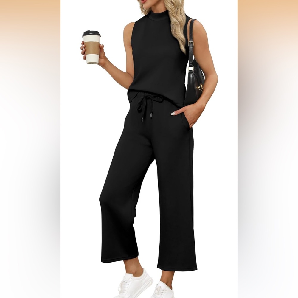 Two Piece Set Black Mock Neck Tank Top with Wide Leg Crop Pants Size XL